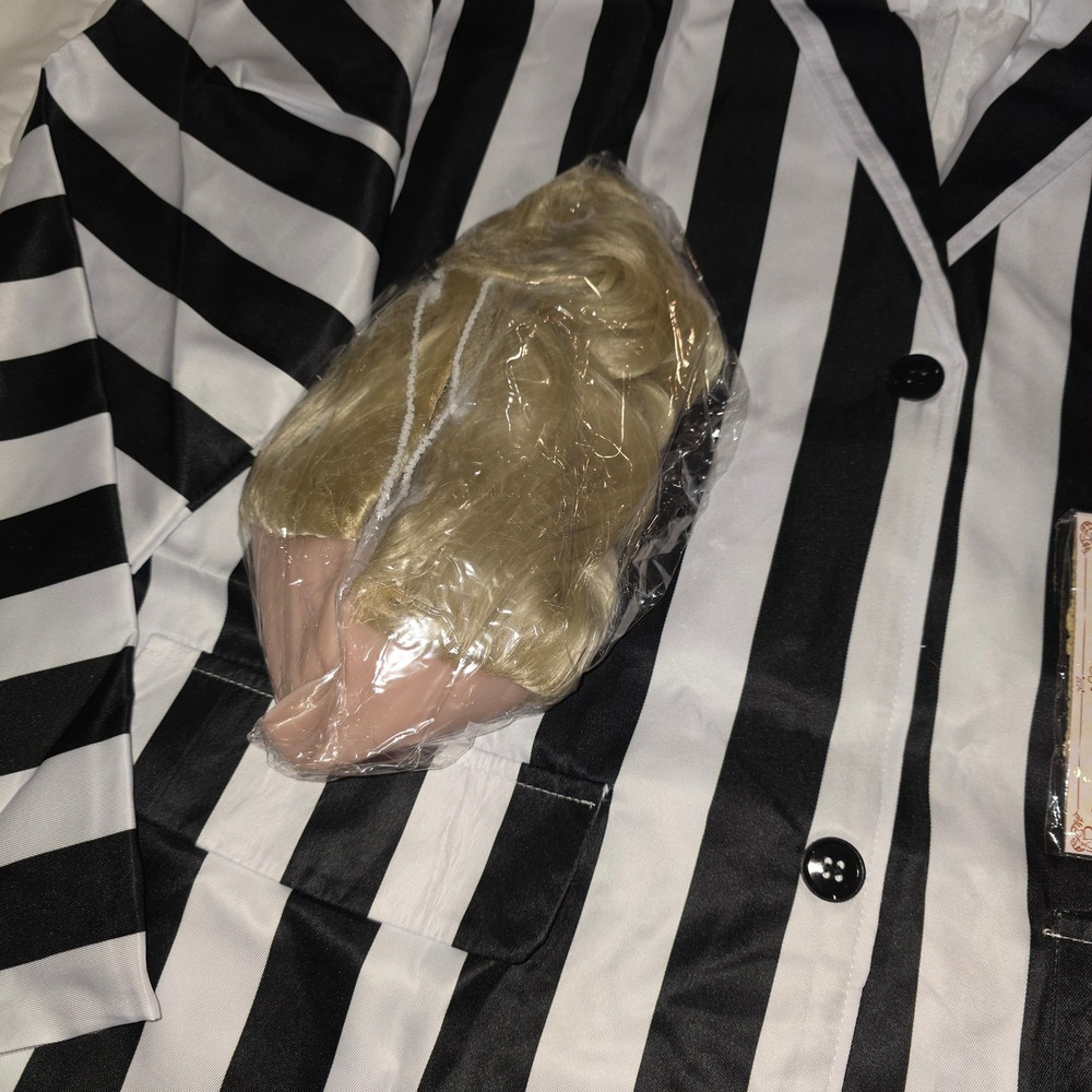 Beetlejuice Costume Set Mens XL Striped Blazer Pants Wig Tie Halloween Cosplay - Picture 5 of 8